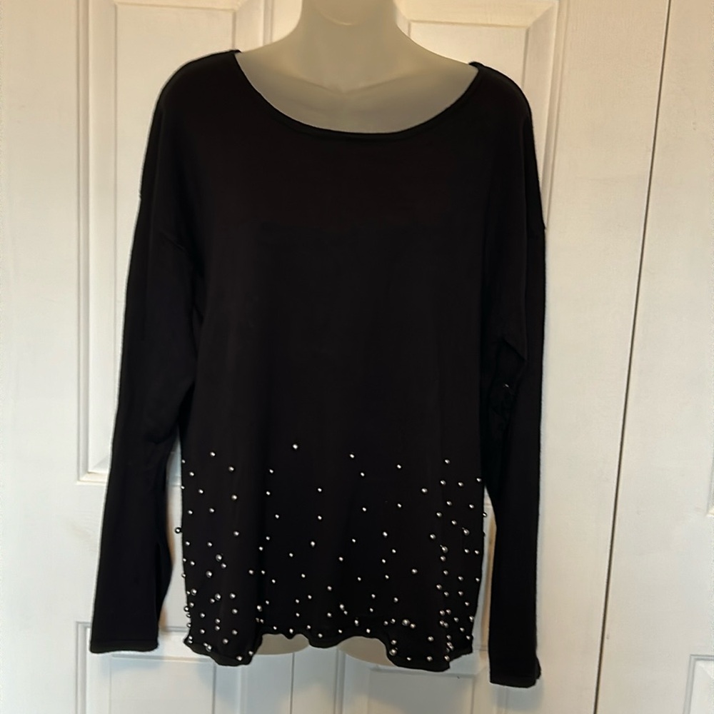 Liz Clairborne Career sz XL Thin Black Sweater Jeweked Bottom GUC B131